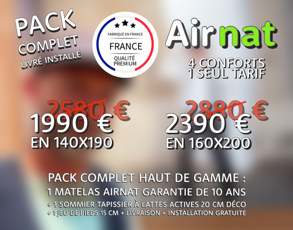 Pack ensemble matelas et sommier haut de gamme à la Ciotat promotion. Tarif ensemble complet : matelas + sommier + pieds + livraison = 1990 euros en 140x190, 2390 euros en 160x200