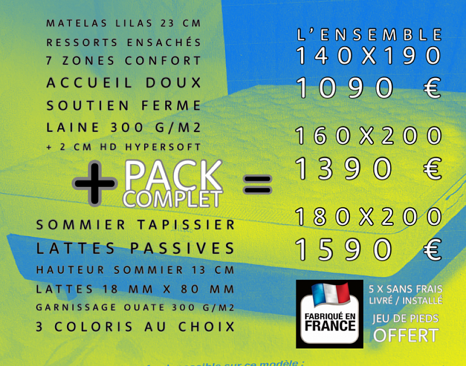 Promotion Prix pack ensemble complet sommier + matelas en 140x190, 160x200 ou 180x200 avec livraison gratuite