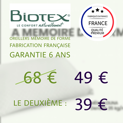 Promotion oreiller Biotex Memolouna 60x40 mémoire de forme huile de ricin. Tarif 49 euros, le deuxième à 39 euros