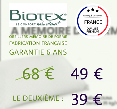 Promotion oreiller Biotex Memolouna 60x40 mémoire de forme huile de ricin. Tarif 49 euros, le deuxième à 39 euros