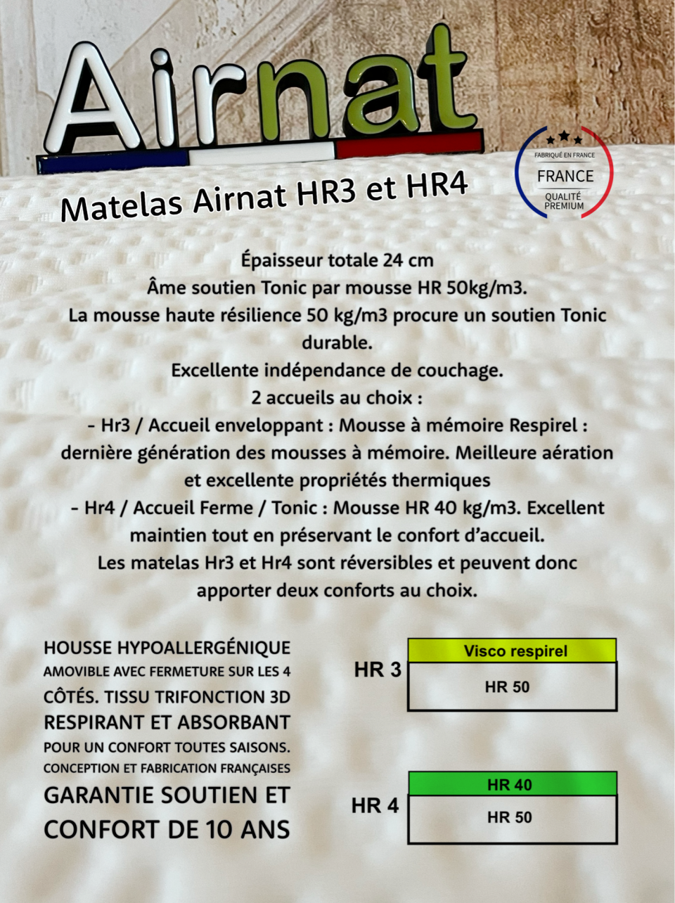 Matelas haut de gamme Airnat Hr3 et Hr4, fabrication française, HR 50 kg/m3, HR 40 kg/m3, mousse à mémoire de forme respirel haut de gamme